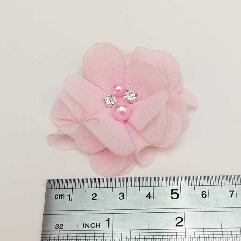 Chenkou Craft Pack of 12pcs Chiffon Flowers Ribbon Bows W/Beads 2-3/8" (60mm) Appliques Wedding Decor Bulk Lots (Pink)